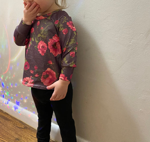 Children’s Long Sleeve Shirt Magenta Floral on Purple Glitter