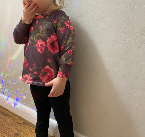 Children’s Long Sleeve Shirt Magenta Floral on Purple Glitter